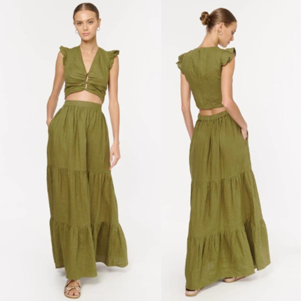 NWT Cami NYC Piliar V-Neck Ruffle Cropped Top Tea Leaf Green Pleated Linen